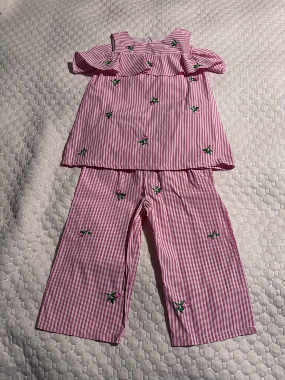 Rare Editions Pink Striped Capri Set with Floral Embroidery - Size 6